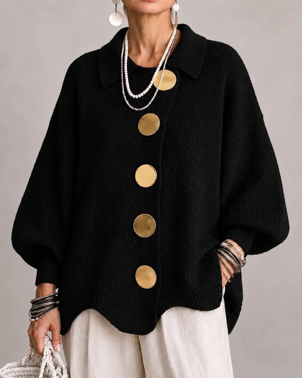 Karina | Oversize kardigans ar apkakli un pogām