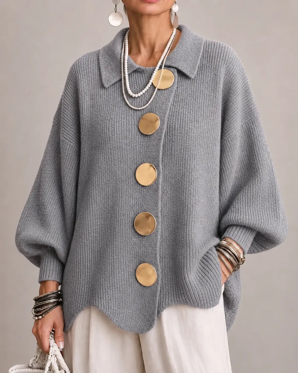 Karina | Oversize kardigans ar apkakli un pogām